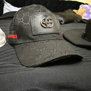 Gucci Black Monogram Cap with Green-Red Web Stripe